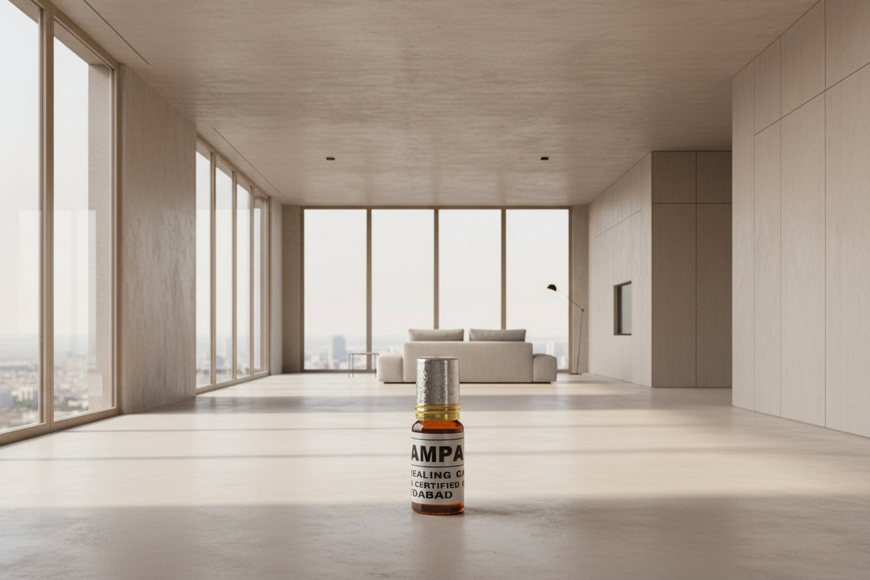 Small bottle labeled 'CHAMPA' on a red background