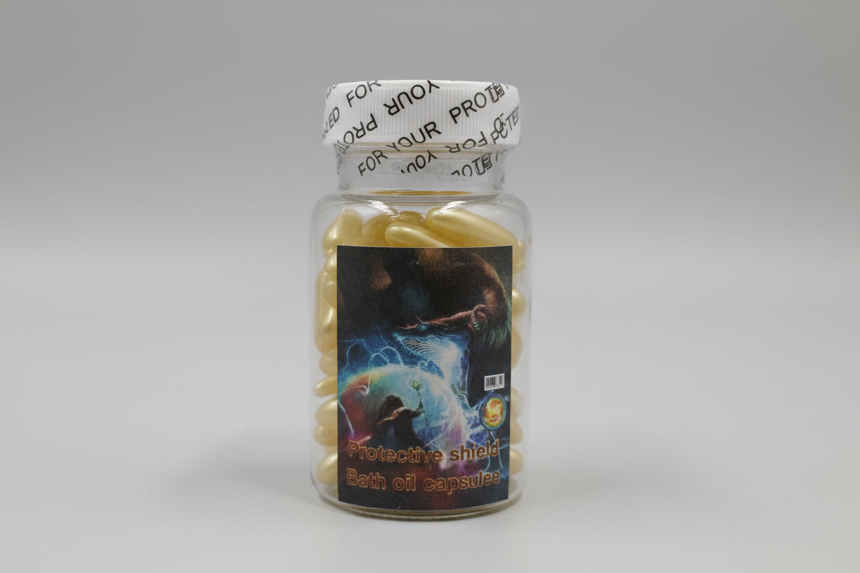 A jar containing yellow capsules with a label depicting a spiritual theme and text that seems to be a mix of random letters and numbers.