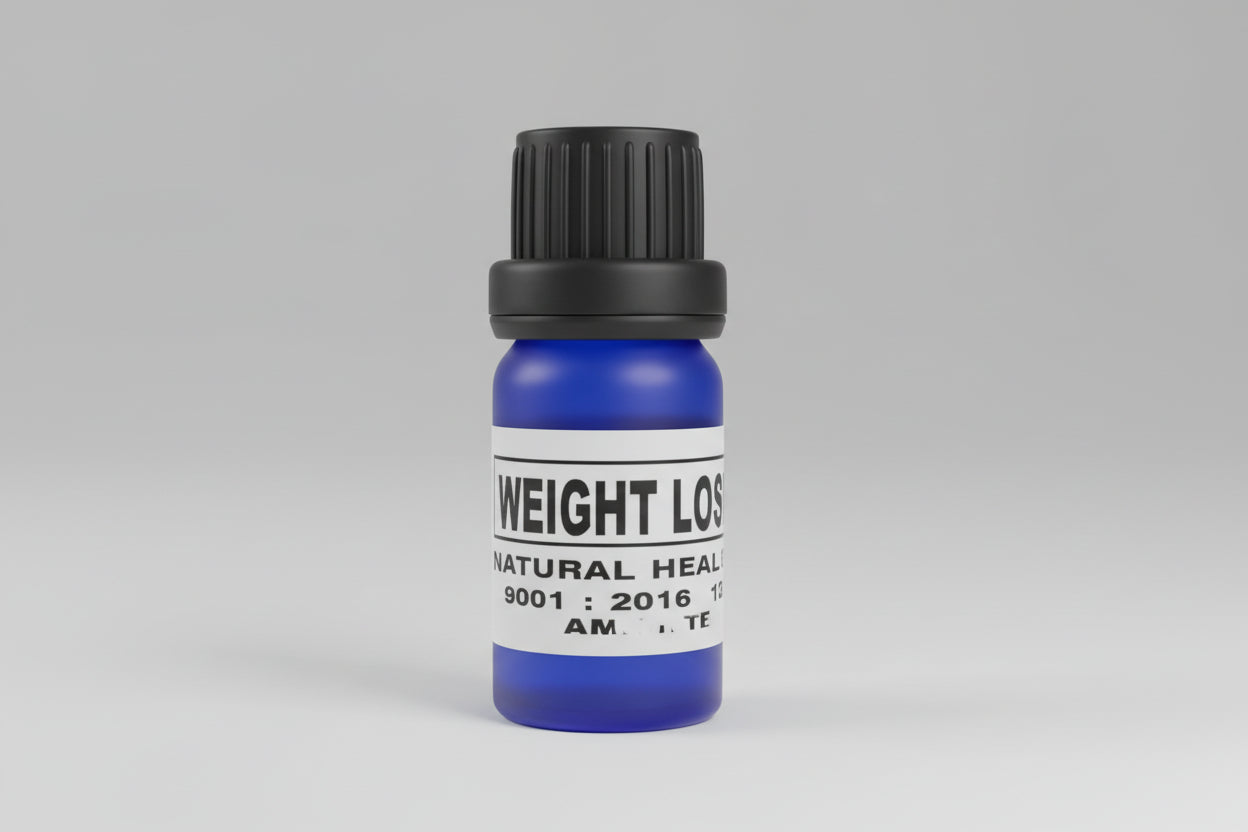 A small blue bottle with a black cap labeled 'Weight Loss Drops' on a wooden surface.