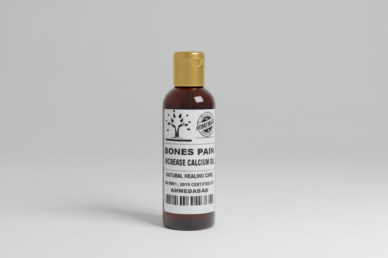 A bottle of 'Bones Pain Oil' with a label that includes the text 'BONES PAIN', and 'Increase Calcium Absorption'. The bottle has a golden cap and is placed on a wooden surface.
