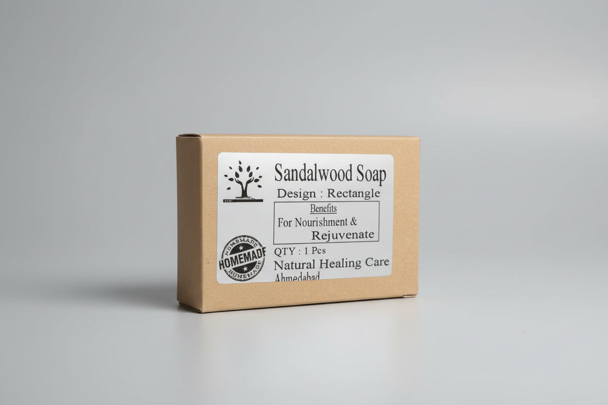 Packaged Sandalwood Soap with a label that includes the brand 'Natural Healing Care' and mentions the rectangle design and benefits for nourishment and rejuvenation.