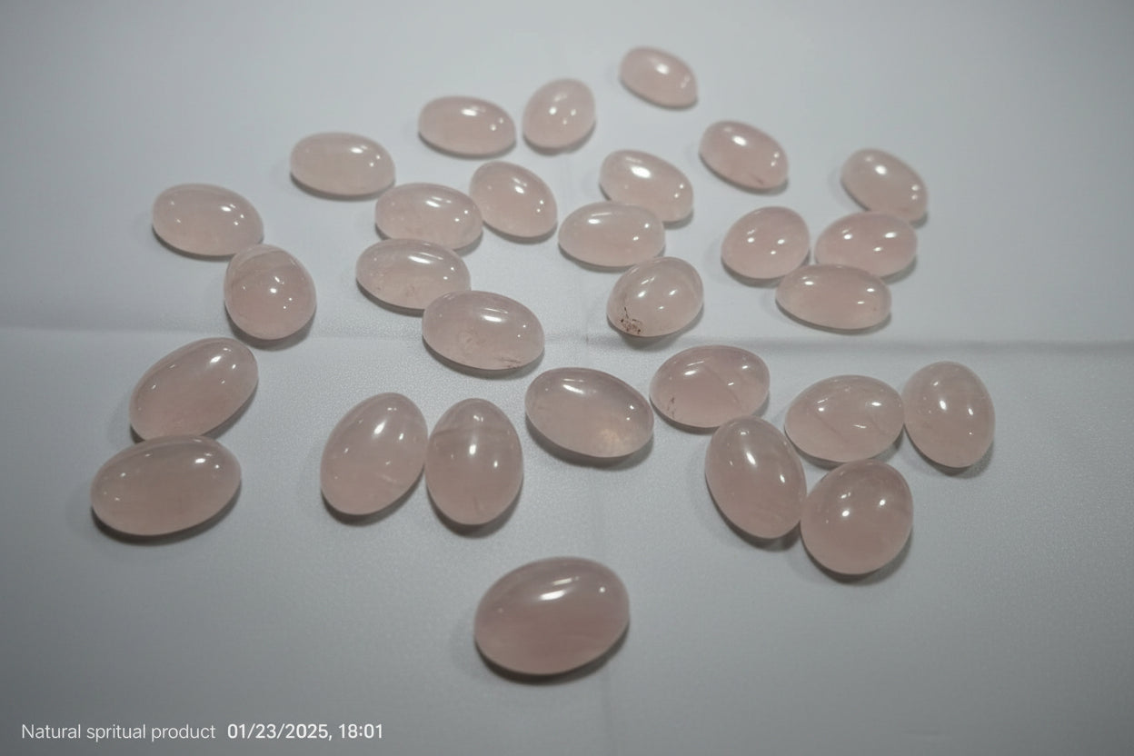 A collection of polished rose quartz stones displayed on a red surface.