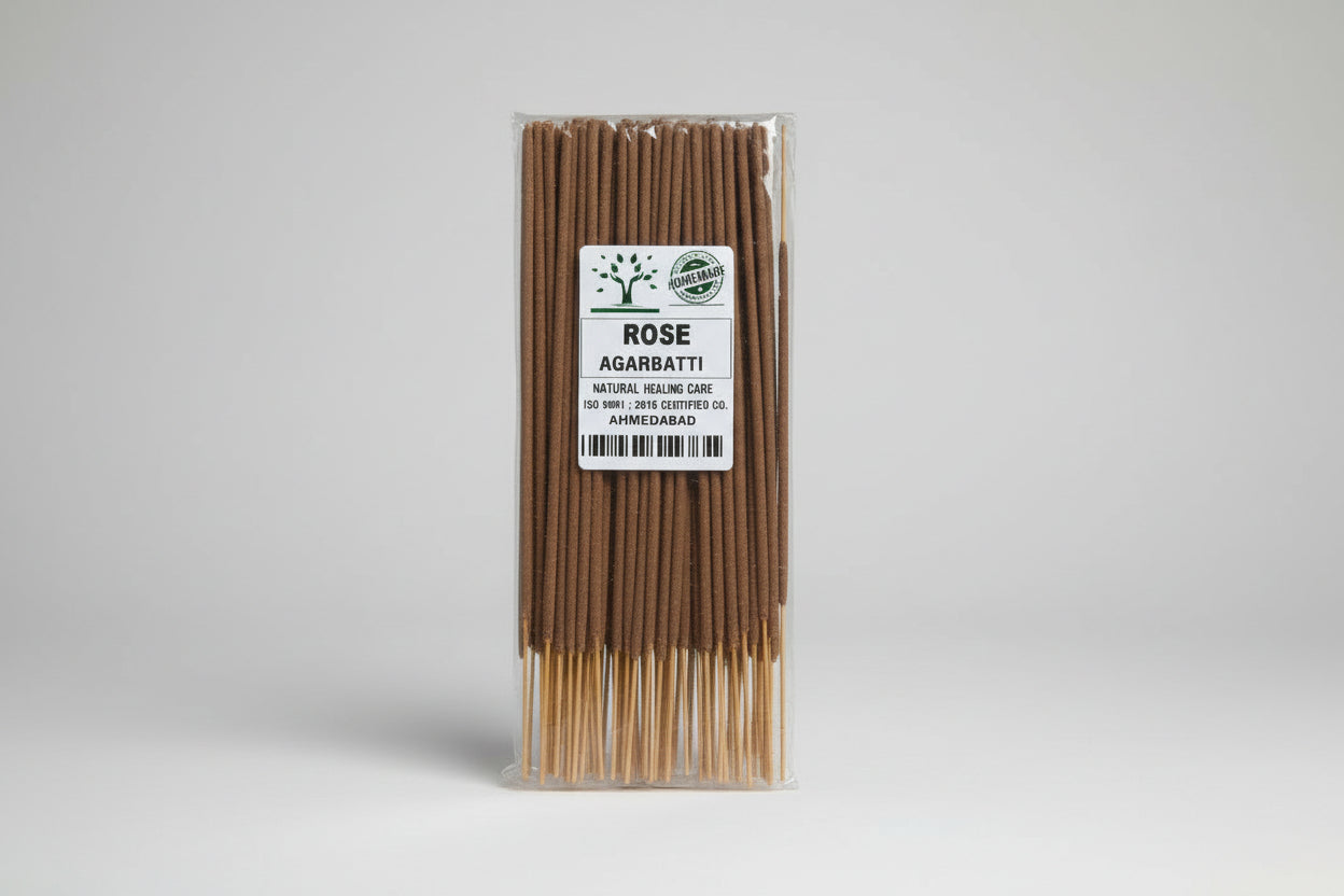 A pack of Rose Agarbatti incense sticks displayed in a clear plastic packaging with a label showing the brand and product name.