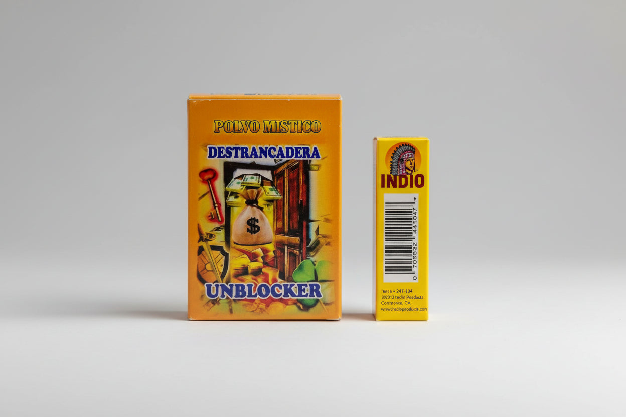 The image shows a packaged bar of Unblocker Soap with its packaging box, which features a colorful design with floral elements and a depiction of the soap bar. The packaging is labeled 'Indio' and includes text describing the soap's magical properties for removing energy blockages.
