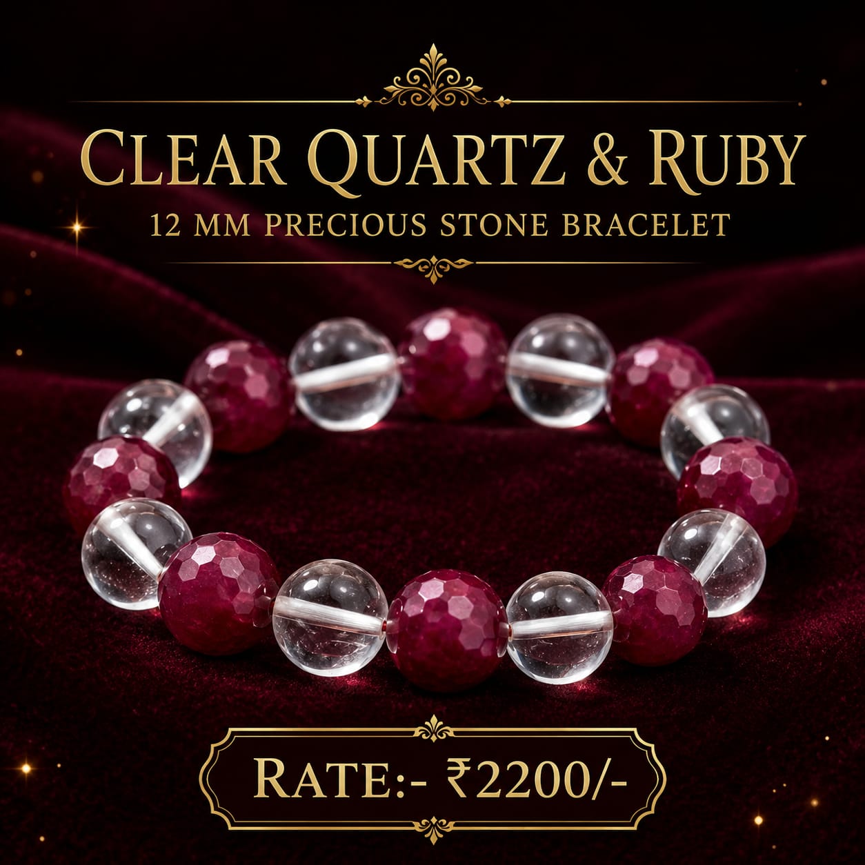 Clear Quartz & Ruby 12 MM Precious Stone Bracelet
