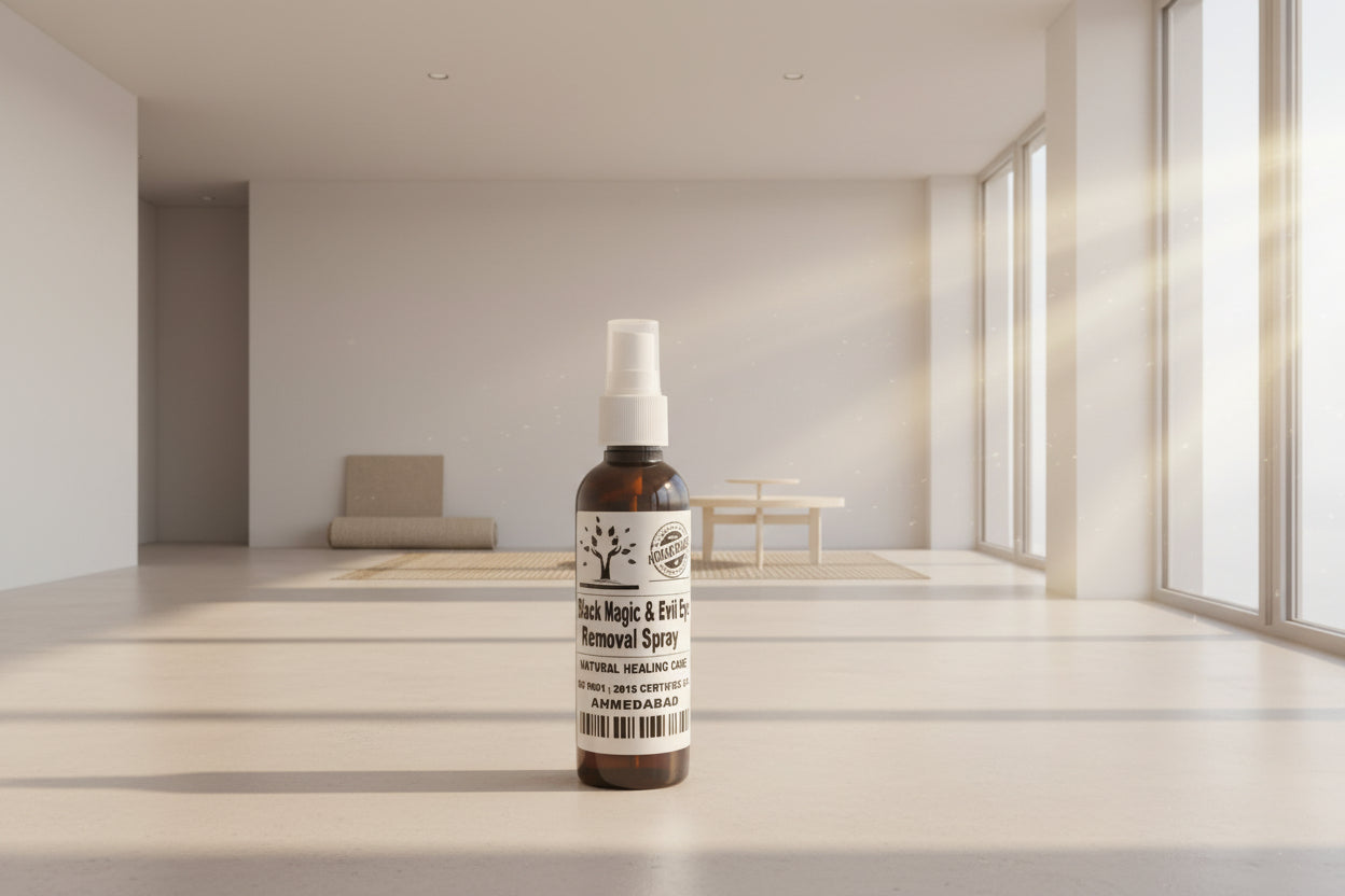 Bottle of 'Black Magic & Evil Eye Removal Spray' on a dark surface