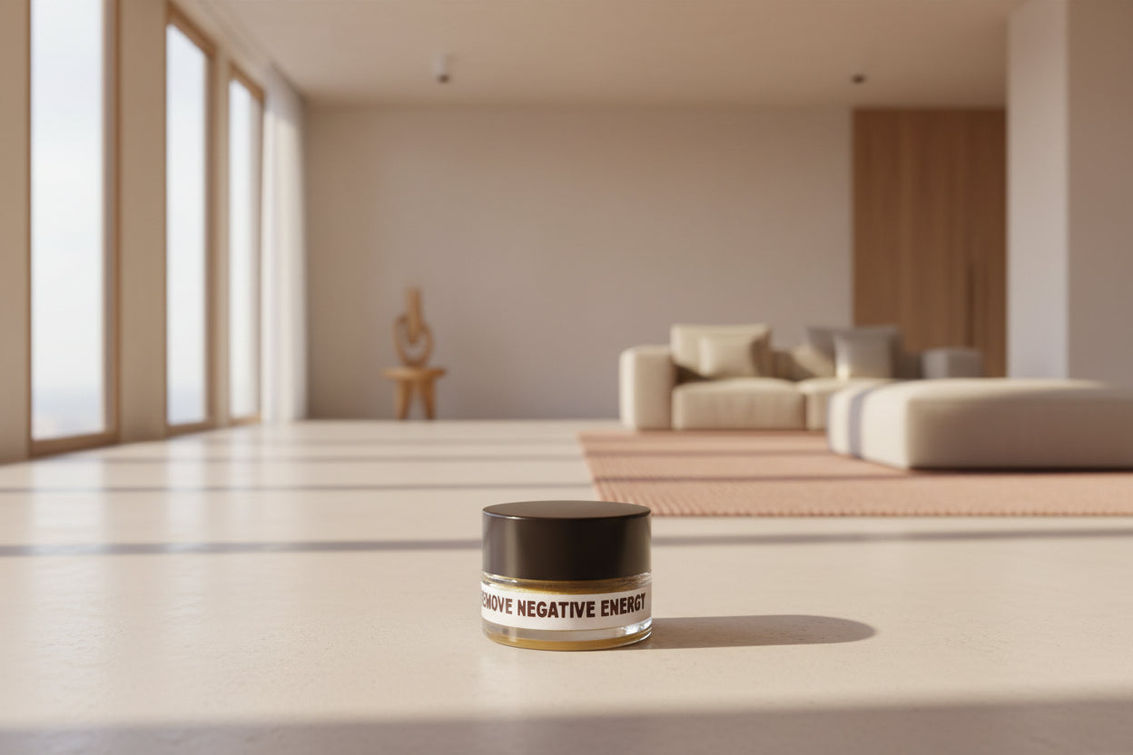 Small jar with a label reading 'Remove Negative Energy' on a red surface.