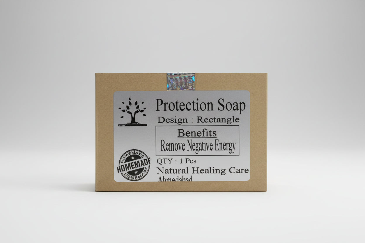 A packaged bar of Protection Soap with a label that includes a tree logo, text detailing the benefits such as 'Remove Negative Energy', and additional notes about the product being homemade.