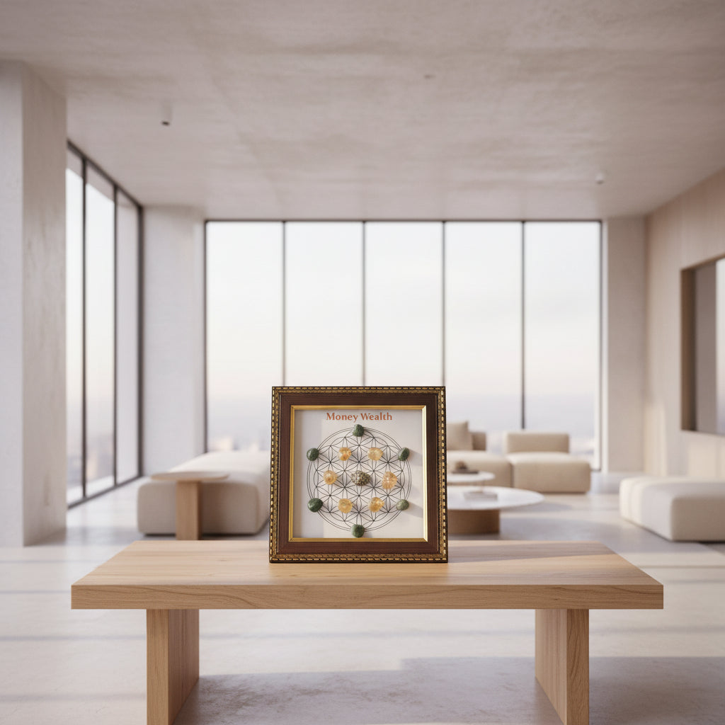 Decorative frame with stones arranged in a circular pattern on a white background, labeled 'Money Wealth'.