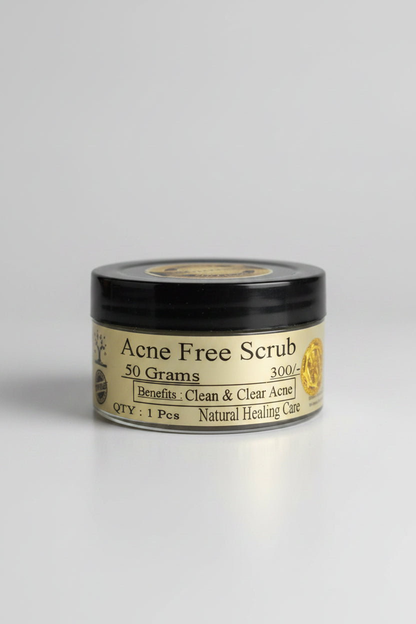 Jar of Acne Free Scrub on a wooden surface with a blurred background