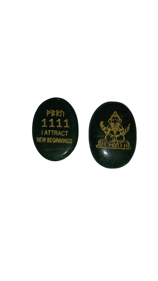 New Beginning Ganesh Ji Stone with 1111 and Zibu Symbols on Green Aventurine [625]