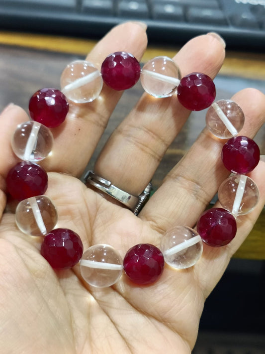 Clear Quartz & Ruby 12 MM Precious Stone Bracelet